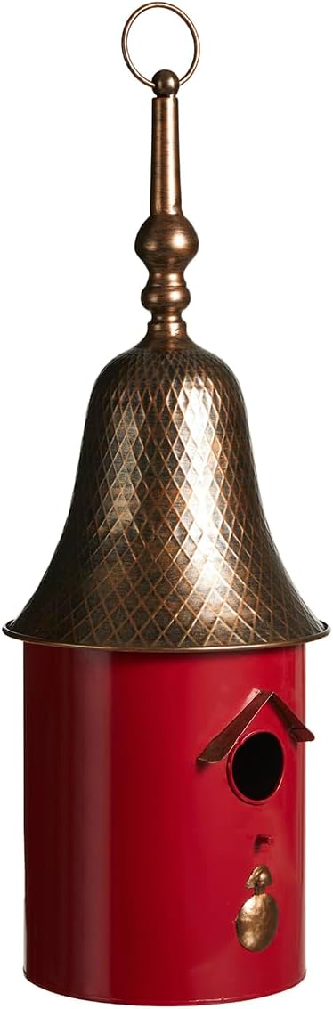 Glitzhome 24" H Metal Hanging Birdhouse for Outdoors, Farmhouse Pagoda Painted Decorative Bird House with Bell Roof for Bluebird Wren Chickadee Sparrow Bird Nest Box for Garden Patio, Retro Red