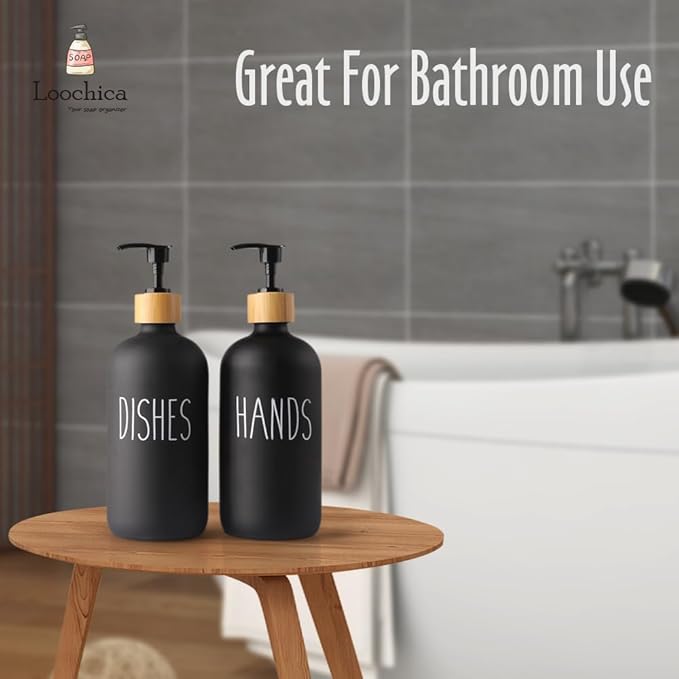 2 Pack Black Glass Soap Dispenser Set, Matte Black Soap Dispenser for Sink, Rustic Kitchen Decor