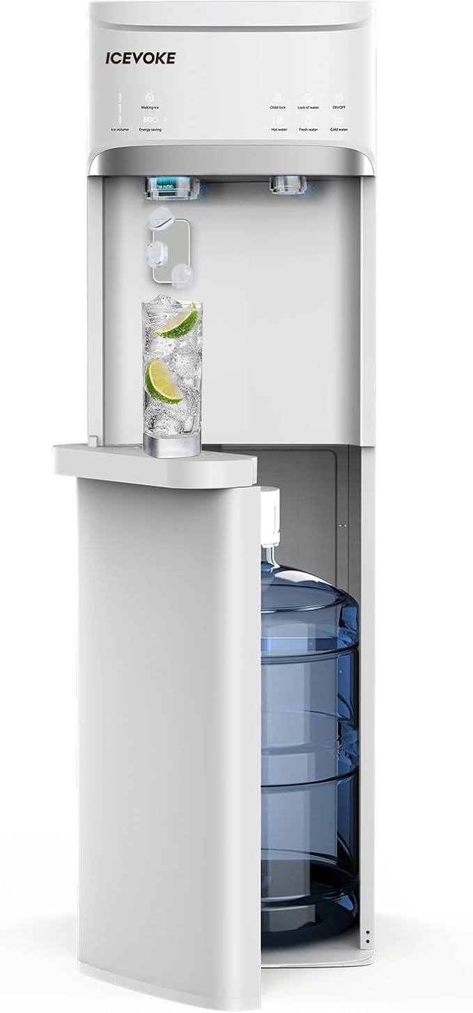 Self-Cleaning Water Dispenser with Ice Maker, Bottom Loading Hot and Cold Water Cooler for 5 Gallon Bottle - Includes Child Safety Lock & Nightlight - Water Machine for Home, Office, White