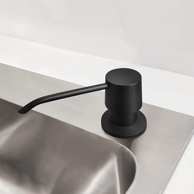 Matte Black Long Nozzle Brass Built in Soap Dispenser for Kitchen Sink with 17 OZ PET Bottle Refill from Top, Countertop Brass Pump Head, Fits 1″ to 1.8″ inch Hole, in Sink Soap Dispenser