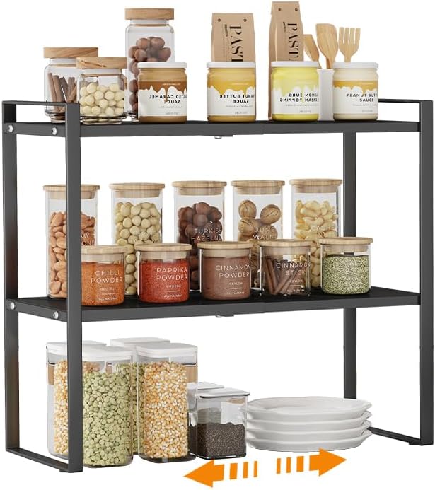 2 Tier Cabinet Shelf Expandable Cupboard Under Sink Countertop Organizer Riser Rack for Kitchen Pantry Home Organization Extra Storage Space Saver Heavy Duty