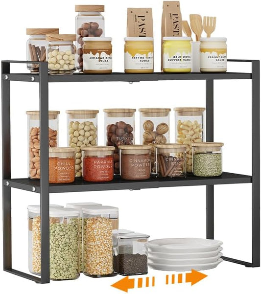 2 Tier Cabinet Shelf Expandable Cupboard Under Sink Countertop Organizer Riser Rack for Kitchen Pantry Home Organization Extra Storage Space Saver Heavy Duty