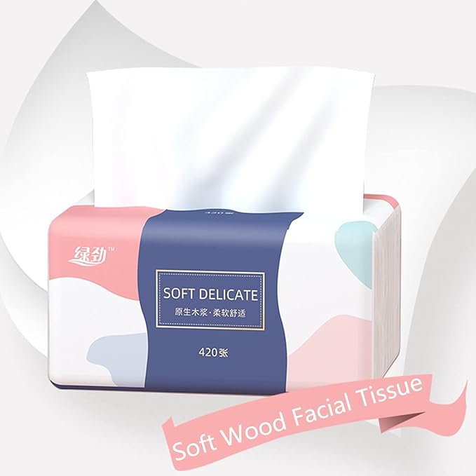 6 Packs Small Disposable Facial Tissues, Facial Napkins, Toilet Paper, Material Native Wood Pulp Fiber NOT COTTON, White Facial Paper, 5-Ply, 420 Sheets per Pack