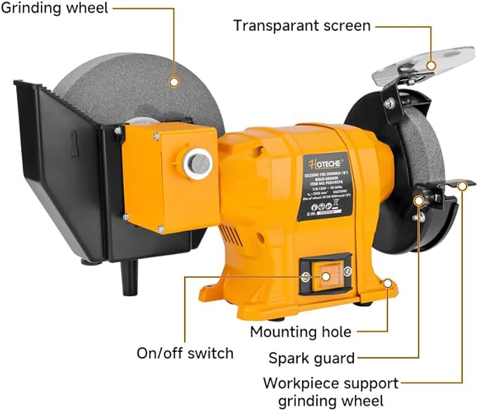 Hoteche 6-Inch/8-Inch Dual-Size Bench Grinder - 2.1-Amp Heavy Duty Dry/Wet Sharpening System for Metal, Wood, Tools, Knives, Chisels & DIY Projects