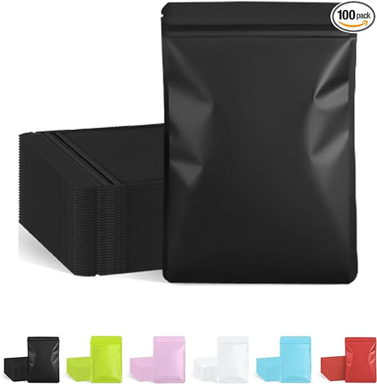 FireKylin 100 Pack Resealable Packaging Bags for Small Business Double-Sided Color Smell Proof Bags for Food Storage Flat Bags (Black, 7.1" x 10.2")