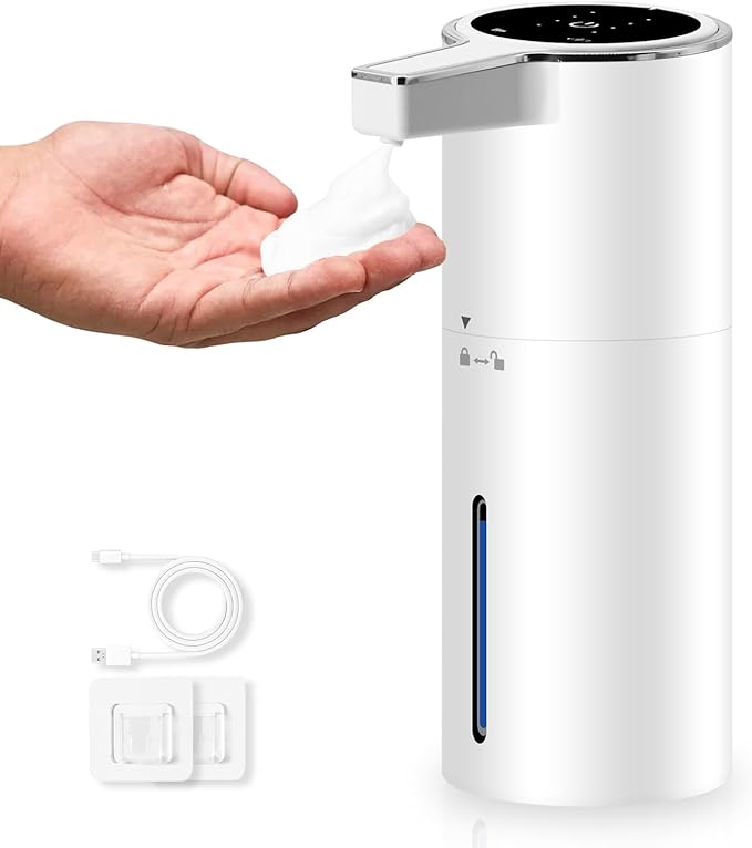 Automatic Soap Dispenser 13oz. Wall Mount Touchless 4 Gear Adjustable Electric Soap Dispenser USB Rechargeable with Infrared Motion Sensor for Bathroom Kitchen Office (White Foam)