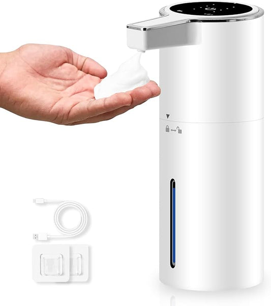 Automatic Soap Dispenser 13oz. Wall Mount Touchless 4 Gear Adjustable Electric Soap Dispenser USB Rechargeable with Infrared Motion Sensor for Bathroom Kitchen Office (White Foam)
