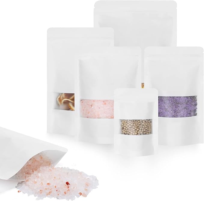 100pcs Kraft Bags with Window 7.1x10 Inches White Reusable Sealable Ziplock Food Storage Stand up Paper Pouches for Home or Business