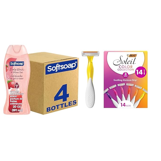 Softsoap Body Wash & Gel Strawberry, 20oz, pack of 4 + BIC Soleil Smooth Colors Women's Disposable Razors With Vitamin E Lubricating Strip for Enhanced Glide, Great Stocking Stuffer, 14-Count Gift Set