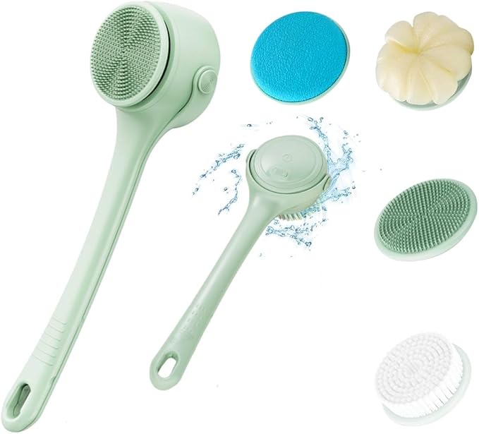 Rechargeable Electric Body & Back Scrubber Brush – Waterproof Spinning Bath Brush with Dual Long Handles & 5 Replaceable Heads for Deep Cleansing, Exfoliating & Massage
