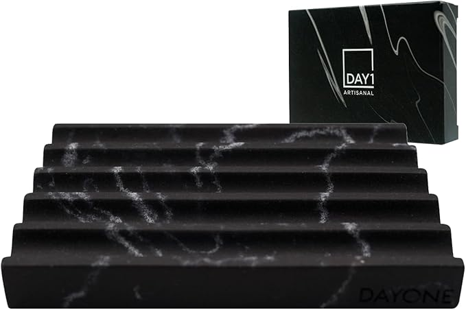 DAYONE Holder with Marble Look - Soap Dish with Soap Saver Ridges Rectangle Bar Soap Holder with Non Slip Feet - Soap Tray for Bathroom, Sink, Kitchen, and SPA (Black)
