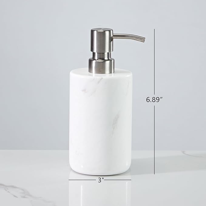 White Marble Soap Dispenser, Cylindrical Reusable Hand Liquid Dispenser with Stainless Steel Pump, Natural Organic Stone Lotion Jar, Premium Bathroom Soap Dispenser for Kitchen, Bathroom, Laundry Room