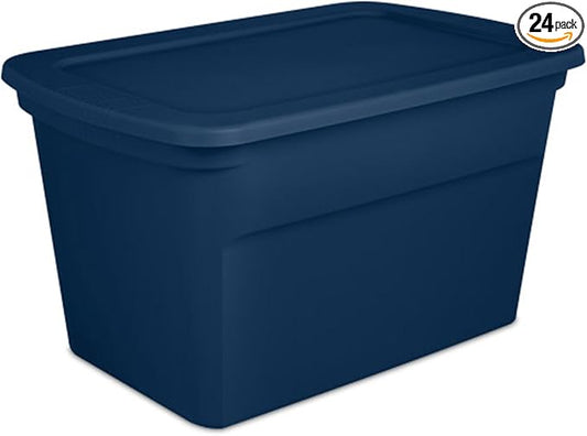 Sterilite 24-Pack Tote, Plastic Storage Bins with Snap Lids, 30 Gallon, Marine Blue - Stackable Home Organizers with In-Molded Handles for Bedroom, Garage, Basement and Attic