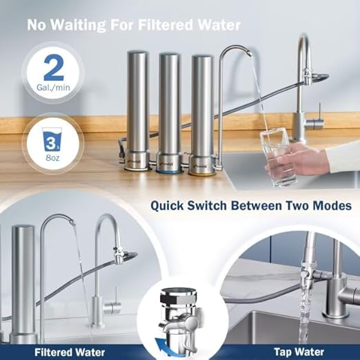 Frizzlife TS99 Countertop Water Filter System, NSF 42&372 Certified 9-Stage Stainless Steel Faucet Water Filtration, 0.5 Micron Elements Reduces 99.99% Lead, Chlorine, Heavy Metals, Bad Taste & Odor