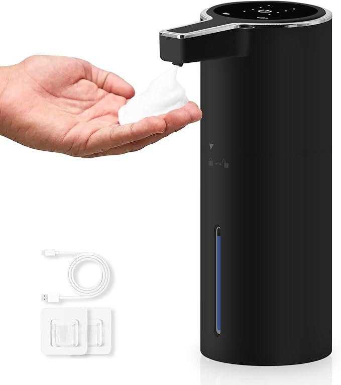 Automatic Soap Dispenser 13oz. Wall Mount Touchless 4 Gear Adjustable Electric Soap Dispenser USB Rechargeable with Infrared Motion Sensor for Bathroom Kitchen Office (Black Foam)
