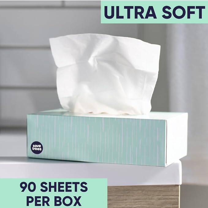 Save Trees Bamboo Facial Tissues - 4 Boxes of Eco-Friendly, 3-Ply Hypoallergenic Tissues, 90 Sheets per Box, FSC Certified, Plastic-Free Packaging, Soft & Gentle for Home Use
