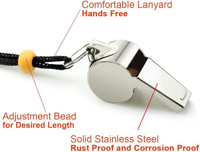 Stainless Steel Sports Whistles with Lanyard, Loud Crisp Sound Whistles Bulk Great for Coaches, Referees, and Officials