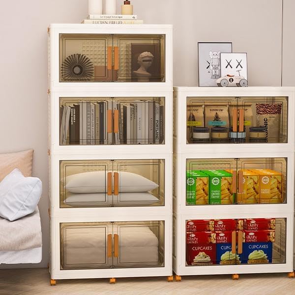 Plastic Stackable Storage Bins with Lids and Wheels, Foldable Closet Organizers and Storage Containers, Collapsible Clear Drawer Storage Cabinet with Doors Ivory White 360 QT