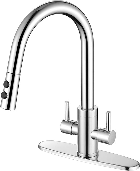 Kitchen Faucet, Two Handles Sink Faucet with Sprayer, Stainless Steel, Chrome, PB1049