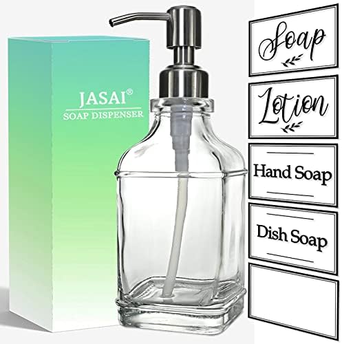 JASAI Antique Design Soap Dispenser with Rust Proof 304 Stainless Steel Pump, Refillable Clear Glass soap Dispenser with 10Pcs Clear Stickers, Premium Kitchen & Bathroom Soap Dispenser