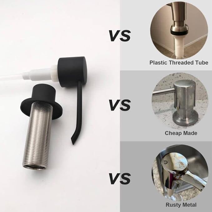 Matte Black Long Nozzle Brass Built in Soap Dispenser for Kitchen Sink with 17 OZ PET Bottle Refill from Top, Countertop Brass Pump Head, Fits 1″ to 1.8″ inch Hole, in Sink Soap Dispenser