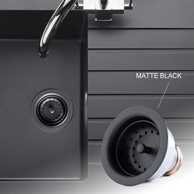 3-1/2 Deep Cup Kitchen Sink Drain Assembly, 304 Stainless Steel Construction With Fixed Post Basket and Long Extended Shank/CAS Approved and Matte Black Finish