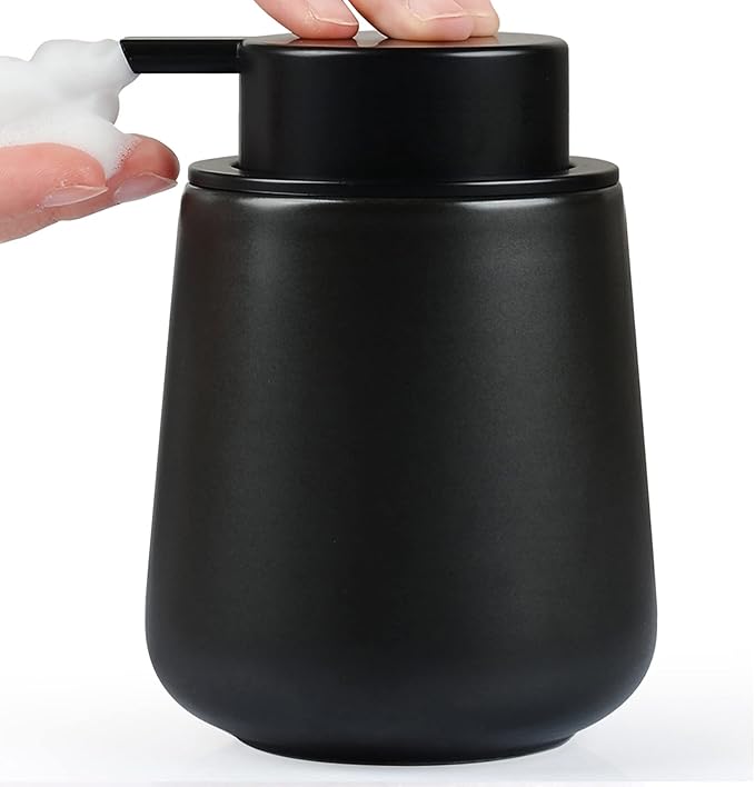 Bosilunlife Ceramic Foaming Soap Dispenser - 12Oz Matte Black Foam Hand Soap Dispenser Bathroom Countertop Kitchen Dish Soap Pump Dispenser Liquid Wash Dispenser for Bathroom