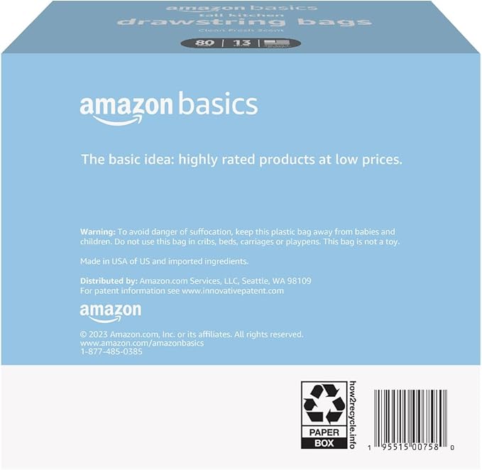 Amazon Basics Tall Kitchen Drawstring Trash Bags, Clean Fresh Scent, 13 Gallon, 80 Count (Previously Solimo)