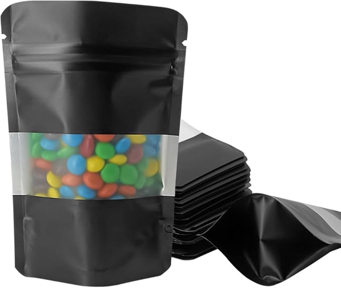 4CP 100 Pcs Black Zipper Smell Proof Bags with Window, 6.3x9.5 Inch Stand Up Foil Pouches for Food Selfsealing Storage, Reusable Bag for Packaging Small Business, Cookies, Nunt, Candy