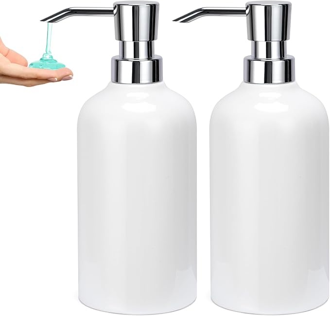 Ceramic White Soap Dispenser Bathroom, 2 Pcs 16.9oz Hand Soap Dispenser for Kitchen, Hotel