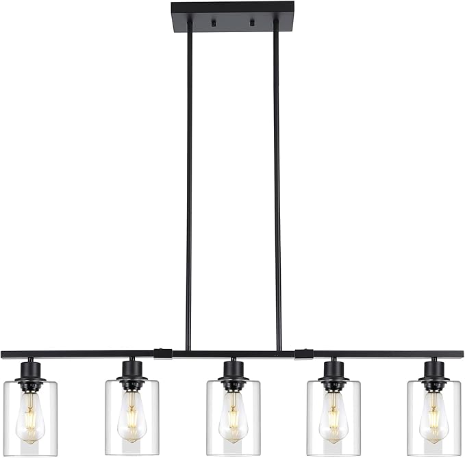 39.4" Kitchen Island Lighting, 5 Lights Clear Glass Pendant Light Fixtue, Black Linear Metal Chandelier for Dining&Living Room Foyer,Height Adjustable,E26 Socket