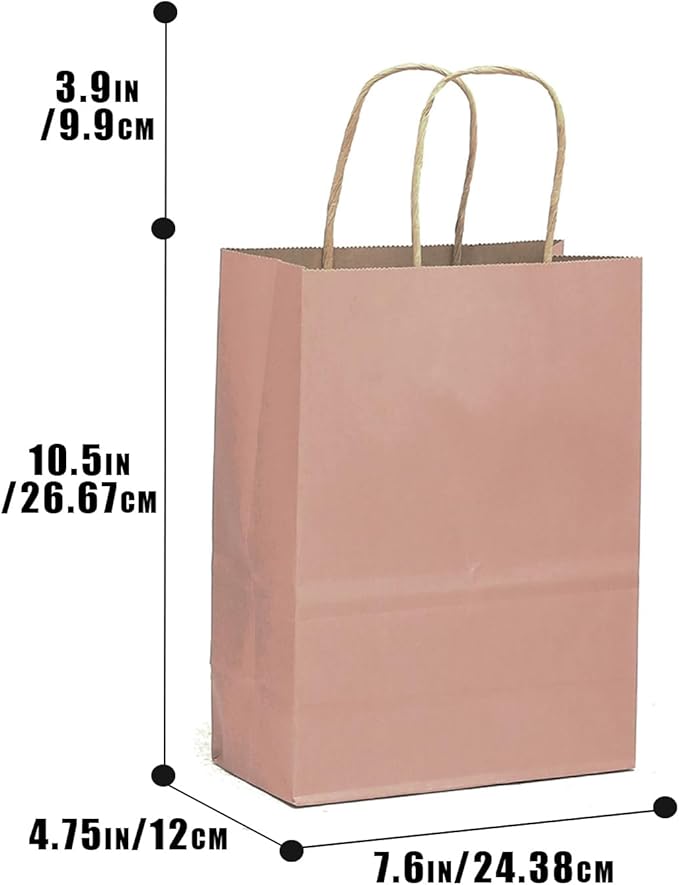 qiqee 32-Packs Cinnamon Pink Paper Gift Bags with Handles Bulk 7.6"x4.75"x10.5" Medium Size Gift Bags Multiple Uses
