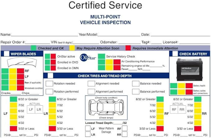 General Motors Multi-Point Inspection Form – GM Vehicle Checklist – 3-Part Carbonless Edge-Glued Pad – White, Canary, Pink – 8.5"×11" Auto Service Form - Pack of 1000