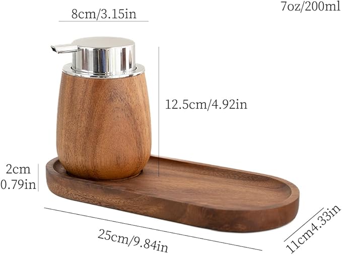 Walnut Wood Soap Dispenser Set with Tray, 7oz/200ml Foaming Hand Soap Dispenser with 6 Labels, Wooden Bathroom Organizer Tray for Toiletries & Aromatherapy, Countertop Bathroom Accessories