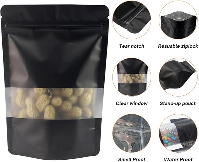 4CP 100 Pcs Black Zipper Smell Proof Bags with Window, 3.5x5.0 Inch Stand Up Foil Pouches for Food Selfsealing Storage, Reusable Bag for Packaging Small Business, Cookies, Nunt, Candy