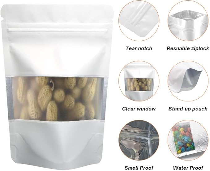 4CP 100 Pcs 3.5x5.0 Inch Zipper Smell Proof Bags with Window, Stand Up Foil Pouches for Food Selfsealing Storage, Reusable Bag for Packaging Small Business, Cookies, Nunt, Candy White