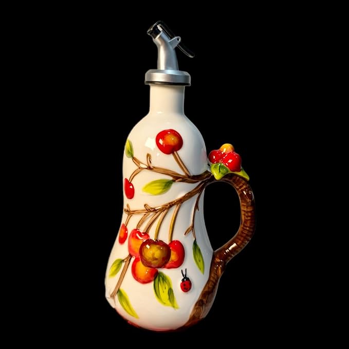 18 oz Hand-Painted Relief Ceramic Olive Oil Bottle Dispenser, with Handle Decorative Olive Oil Dispenser Bottle, for Kitchen Ceramic Oil Vinegar Bottle Seasoning Bottle with Stainless Steel Pour Spout