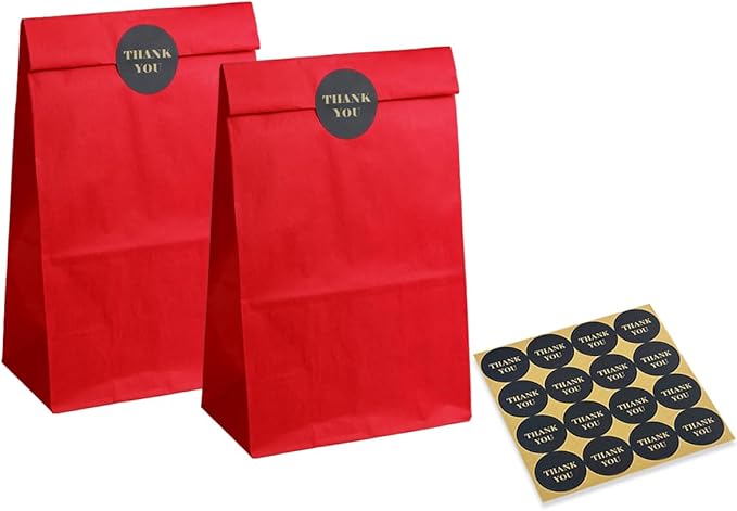 Bakepacker 100 Pcs Red Treat Paper Bags with 100 Stickers 5.1"x3.1"x9.4" Small Party Gift Bag Snack Bag without Handle