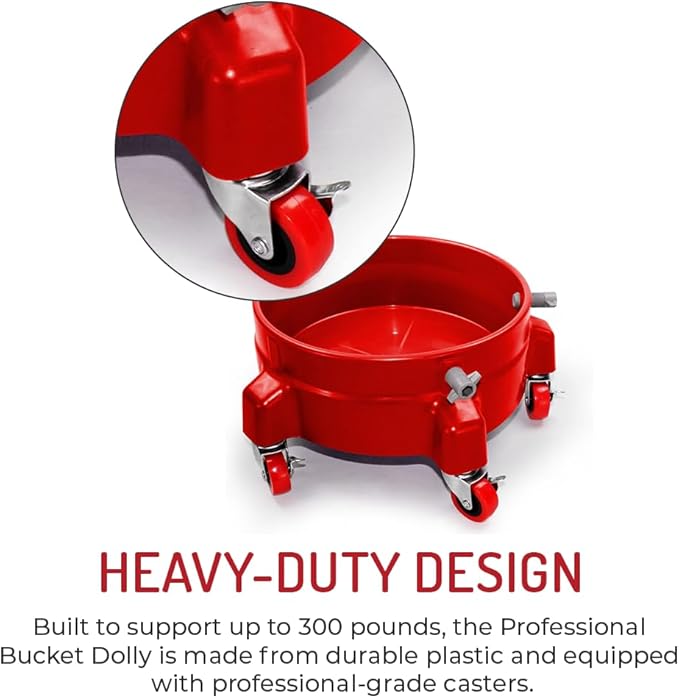 Heavy Duty Car Wash Bucket Dolly with 360° Swivel Casters | Fits 3.5–7 Gallon Buckets | 300 lb Capacity | Soap Holder | Rolling Pail Stand for Auto Detailing |Red
