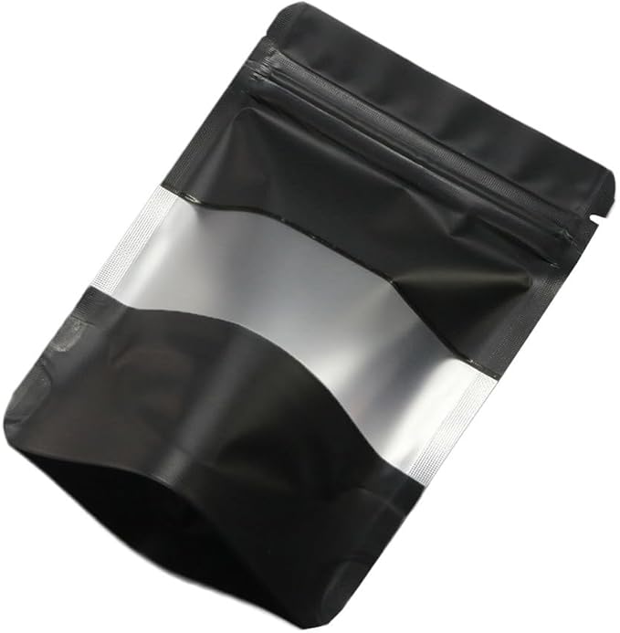 4CP 100 Pcs Black Zipper Smell Proof Bags with Window, 3.5x5.0 Inch Stand Up Foil Pouches for Food Selfsealing Storage, Reusable Bag for Packaging Small Business, Cookies, Nunt, Candy