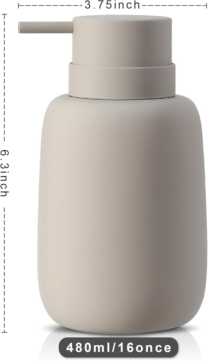 Ceramic Hand Soap Dispenser for Bathroom,16OZ Matte Dish Soap Dispenser for Kitchen Sink,Refillable Liquid Lotion Dispenser with Easy-to-Press Pump Rubber Paint (Grey)