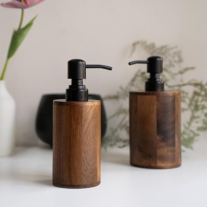 Walnut Wood Soap Dispenser, 14oz/400ml Round Cylinder Hand Soap Dispenser for Bathroom, Kitchen, with Pump Head, Funnel & Labels, Bathroom Countertop Soap Dispensers