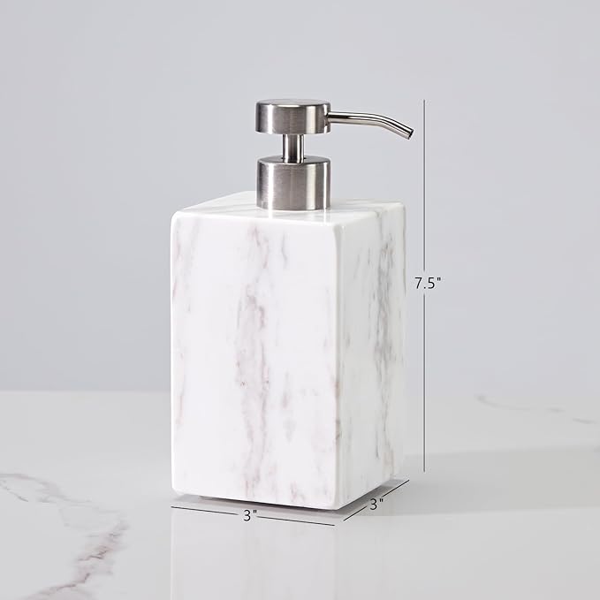 White Marble Soap Dispenser, Natural Organic Marble Soap Pump with Metal Push Pump, Elegant Square Hand Lotion Jar, Premium Heavy Duty Pump Bottle, Lotion Jar for Kitchen, Bathroom, Laundry Room