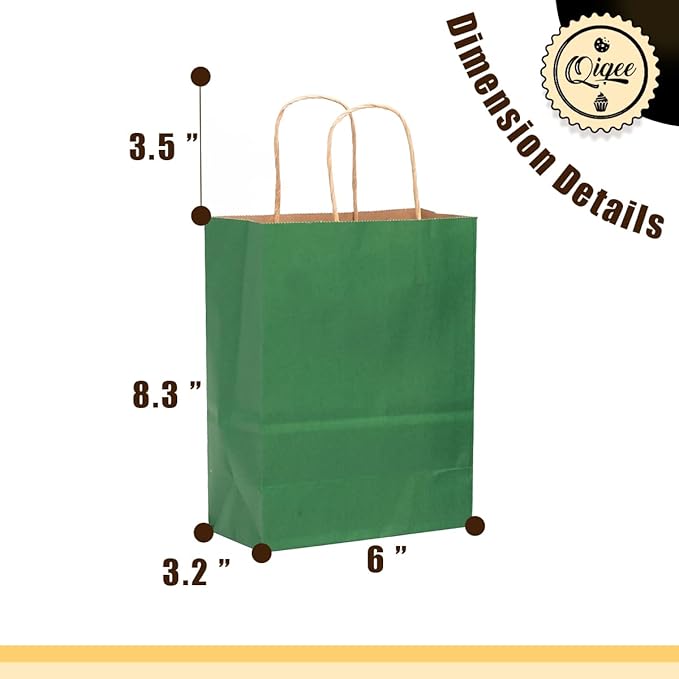 qiqee 32-Packs Deep Green Paper Gift Bags with Handles Bulk 8.26"×6"×3.15" Small Size Gift Bags Multiple Uses
