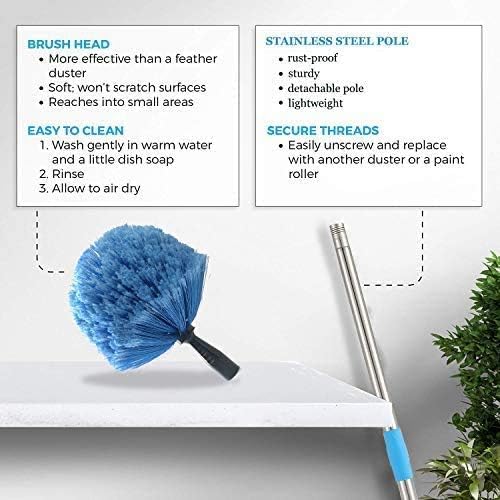 Cobweb Duster with Pole, 6ft Stainless Steel Pole Cobweb Brush with Medium-Stiff Bristles for Walls Beams Shelves Iight Fixtures and Window Screens