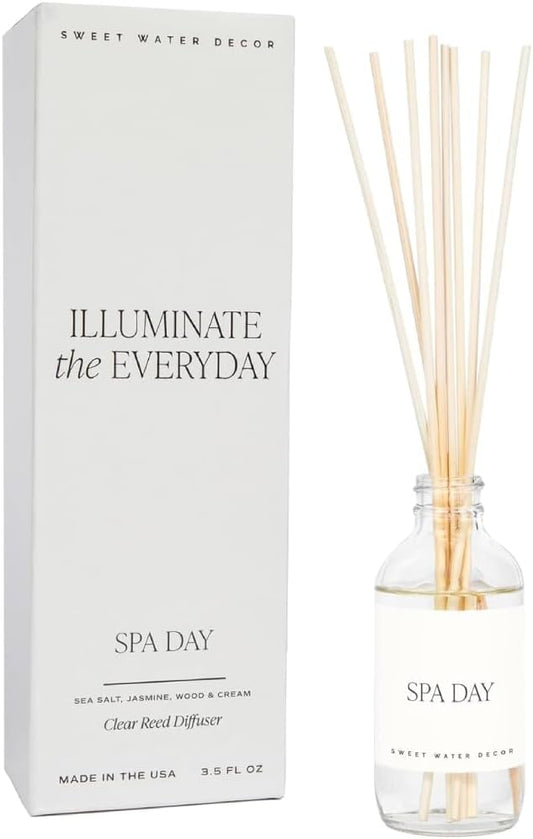 Sweet Water Decor Spa Reed Diffuser Set - Sea Salt, Wood, and Cream Scented Reed Diffuser for Home - Home Freshener Diffuser with Sticks - Long Lasting Fragrance, Made in The USA
