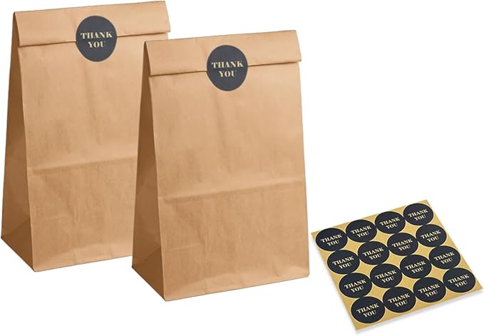 Bakepacker 100 Pcs Brown Treat Paper Bags with 100 Stickers 5.1"x3.1"x9.4" Kraft Small Party Gift Bag Snack Bag without Handle