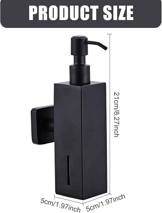 Soap Dispenser Stainless Steel Wall Mounted with Pump Drill-Free Rustproof Shower Soap Dispenser for Kitchen Bathroom Black Square