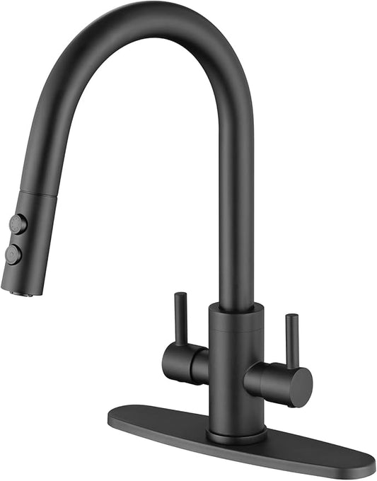 Kitchen Faucet, Two Handles Sink Faucet with Sprayer, Stainless Steel, Matte Black, PB1047