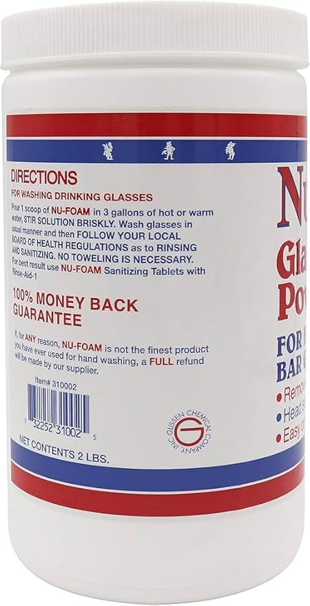 Nu-Foam Glass Washing Powder - Detergent for Bar Glassware – Original Streak-Free Solution - Hand Washing Bar, Tavern, Brewery Supplies - Concentrated 2 Lb Jar
